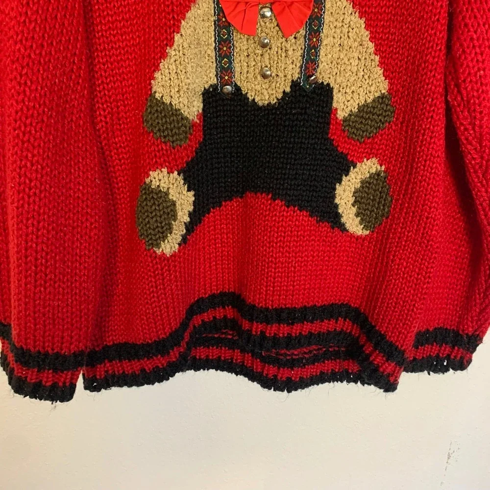 Vintage 1980s Teddy Bear Knit Sweater Hand Knit Red Black Novelty Pullover XL 18 - Picture 5 of 16